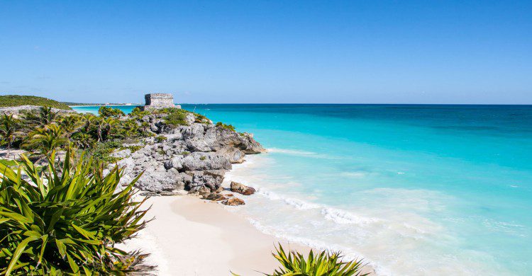 Playa de Tulum con agua cristalina y vegetación verde