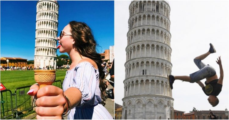 Mujer simulando que come un helado en la Torre de Pisa, hombre gigante sobre la Torre de Pisa