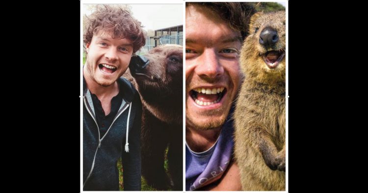 Selfies de hombre con un oso y una ardilla
