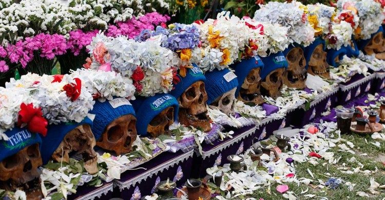 Craneos humanos con flores durante funeral en Australia 