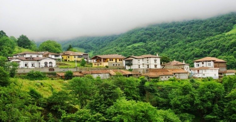 Ciudad de Ponga, en Asturias de día con neblina y vegetación verde